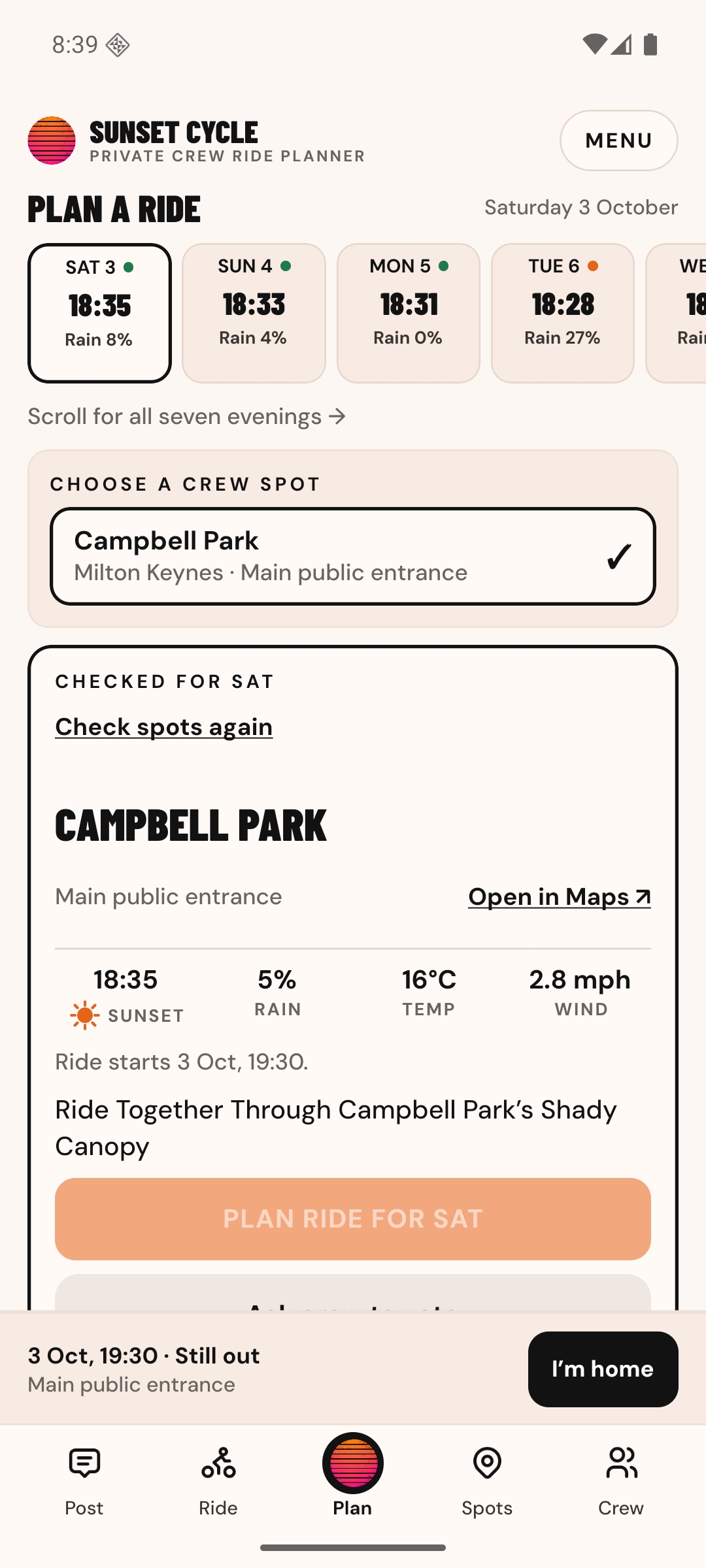 Sunset Cycle planning view with an approved spot and its checked sunset, rain, temperature, and wind forecast.